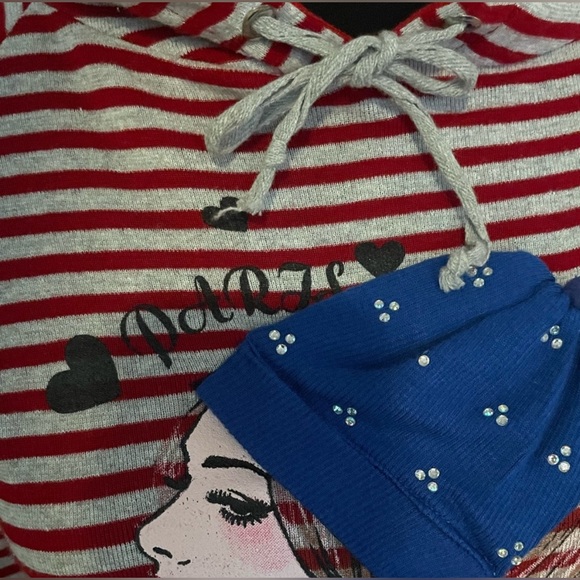 Gushy Red and White Striped Paris Hoodie with a Paris Girl in a Jeweled Beanie - Picture 3 of 6